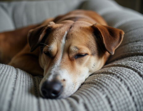 Close Up of Brown Dog Sleeping Peacefully on Soft Fabric Pet Cushion Bed Indoors