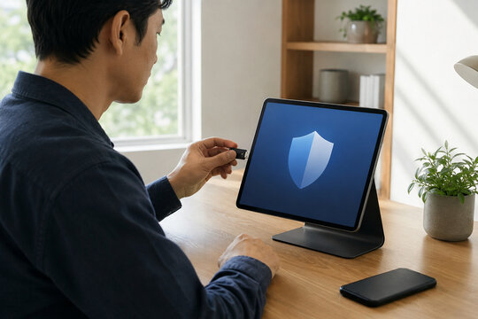 Professional using a hardware security key for secure login,ハードウェアセキュリティキーで安全にログインする専門職
