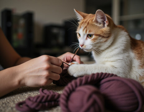 Playful Orange and White Cat Playing with Brown Yarn Ball While Owner Knits