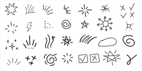 Fototapeta premium Set of hand drawn doodle elements including stars sparkles swirls check marks and abstract decorative shapes
