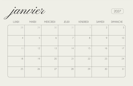 January 2027 French monthly calendar template horizontal landscape page. Minimalist script typography printable month planner grid with Monday start for corporate office, school study, family schedule