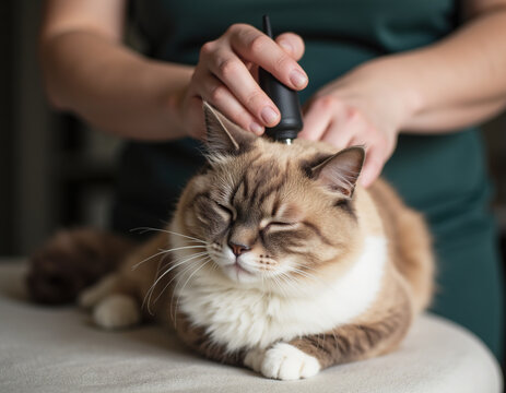 Close Up of Cute Cat Eyes Closed Enjoying Flea Medicine Pipette Application and Grooming
