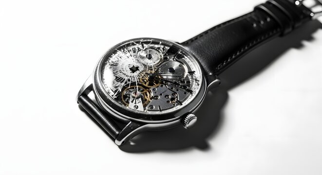 Luxury mechanical skeleton wristwatch with a black leather strap on a white background, showcasing intricate gears and timekeeping craftsmanship