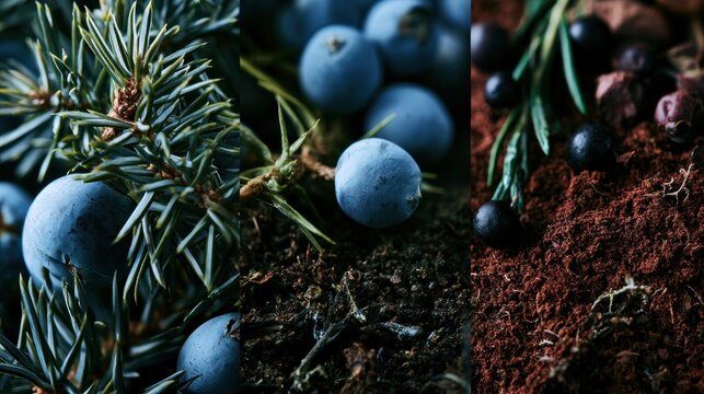Close up of juniper berries on branches and soil with transparent background