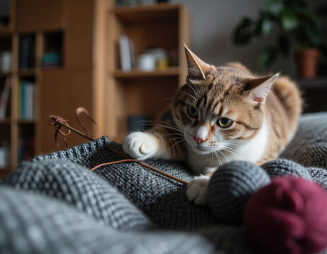 Playful Brown Tabby Cat Swatting Red and Grey Yarn Balls During Knitting Craft Time