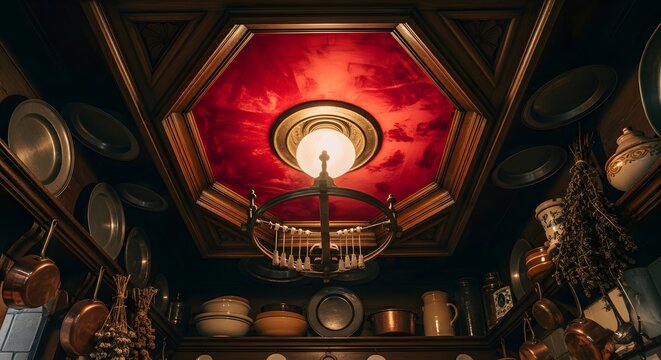 Rustic kitchen ceiling with antique copper pots and pans, a central chandelier, and red velvet accents creating a charming, vintage atmosphere