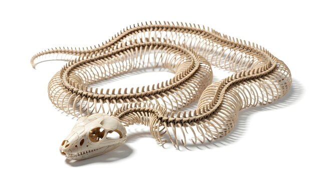 Complete snake skeleton with skull and vertebrae isolated on white background