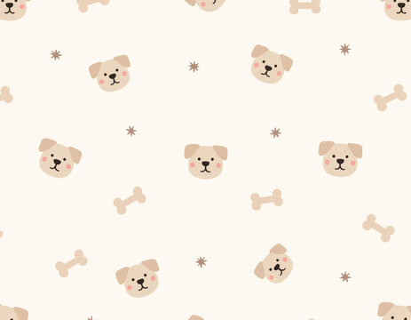 Cute Seamless Pattern Background with Cute Dog Faces and Small Bones in Minimal Flat Style