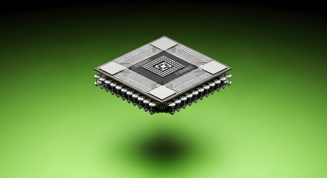 Advanced microchip processor hardware component floating on a dynamic green background illustrating modern computing power and semiconductor technology