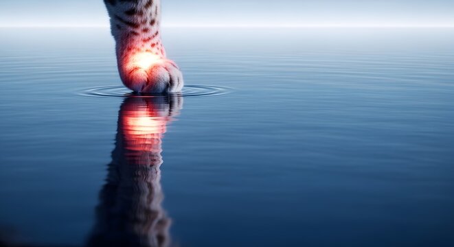 Glowing leopard paw touching water with a vibrant orange light and reflection
