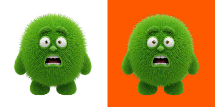 Shocked green fluffy round creature character 3D rendered png