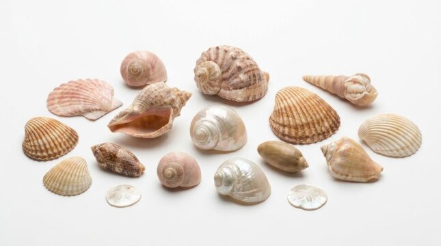 Assorted natural sea shells on plain white background.