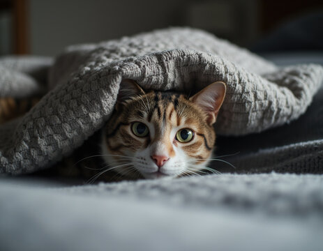 Cute Tabby Cat Peekaboo Hiding Under Soft Grey Knitted Blanket Looking at Camera