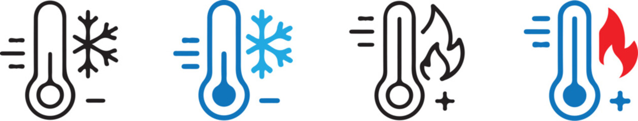 Naklejka premium Minimalist temperature thermometer icons featuring hot and cold climate weather symbols for digital interface design on a clean white background