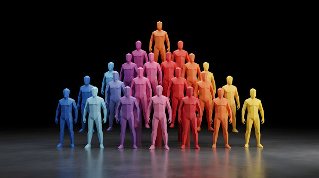 Colorful human figures arranged in ascending pyramid formation