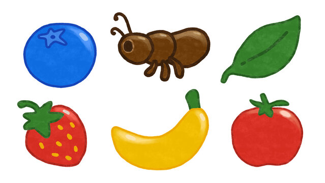 Cute hand-drawn kawaii ant, red tomato, green leaf, red strawberry, blue blueberry and yellow banana isolated on white background. Bright colorful сartoon icons of summer picnic, fruits and berries.