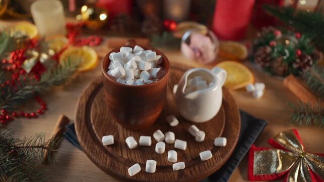 hot tasty cocoa cup with marshmallow on wooden table at christmas holiday, warm delicious cacao mug with sweets on wood board at new year eve