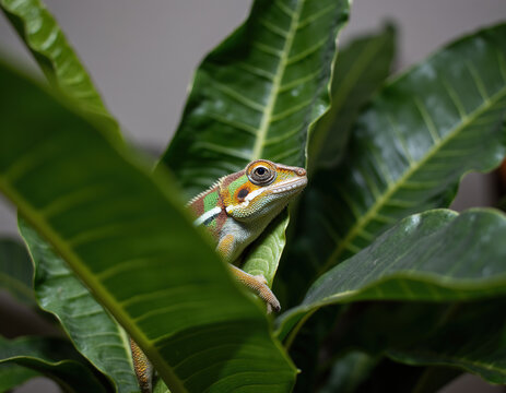 Close Up of Colorful Lizard Peeking Behind Large Green Tropical Leaves
