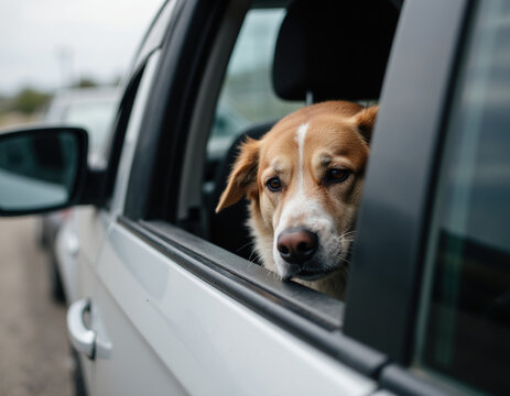 Close Up Portrait of Dog Looking Out of Car Window During Road Trip