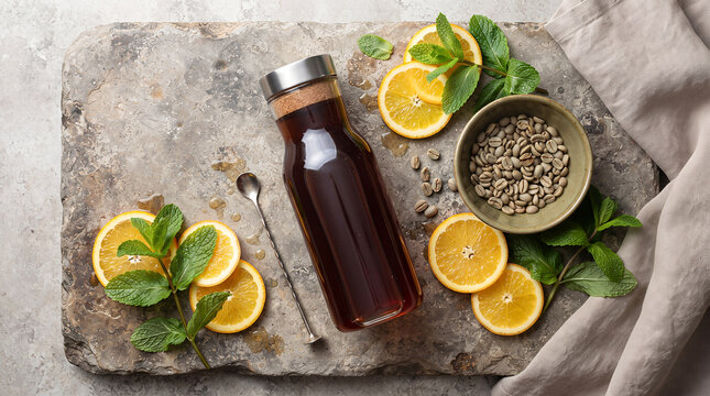 Overhead flat lay of cold brew coffee bottle with orange slices, mint, and coffee beans glass bottle