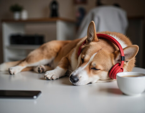 Cute Welsh Corgi Dog Sleeping on White Desk Wearing Red Headphones Next to Coffee Cup