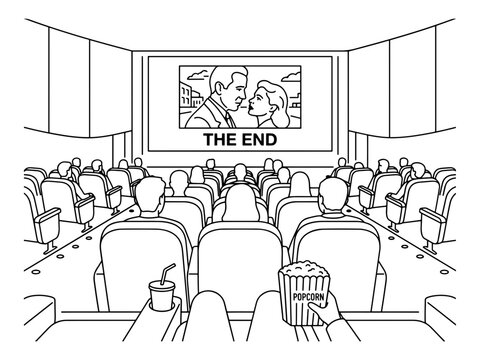 First-person perspective vector illustration of sitting in a cinema audience holding popcorn, watching a classic movie end on the big screen.