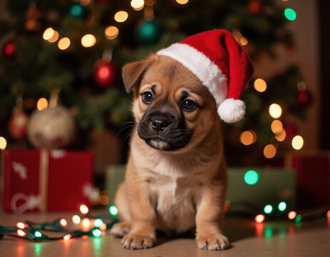 Adorable Small Brown Puppy Wearing Red Santa Hat Sitting in Front of Christmas Tree
