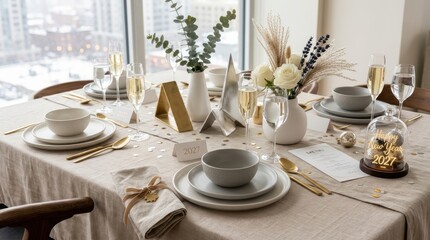 Fototapeta premium Elegant New Year's Eve dinner table setting with champagne and festive decor