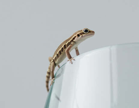 Side View Close Up of Small Gecko Climbing Rim of Transparent Glass Indoors