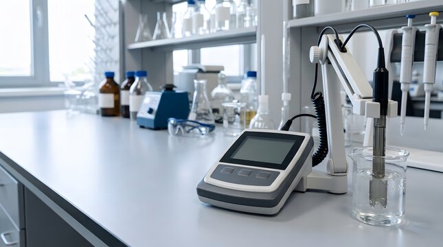 digital laboratory conductivity and liquid measurement instrument with probe immersed in glass beaker for chemical testing and scientific research