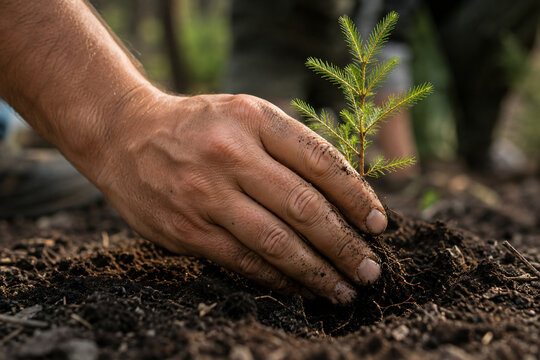 Close up of hands planting a young tree in forest soil, symbolizing reforestation, climate action, environmental conservation, ecosystem restoration and sustainable development