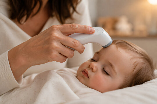 Mother checking a sleeping baby&rsquo;s temperature with a digital thermometer at home, illustrating pediatric healthcare, fever monitoring, child illness, family care and home medical treatment