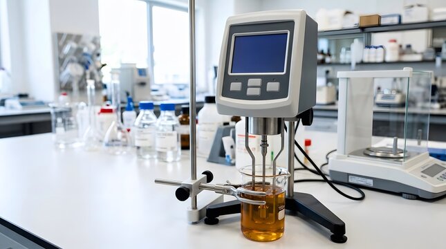 digital laboratory viscosity testing instrument measuring liquid formulation for chemical analysis, pharmaceutical development and industrial quality control
