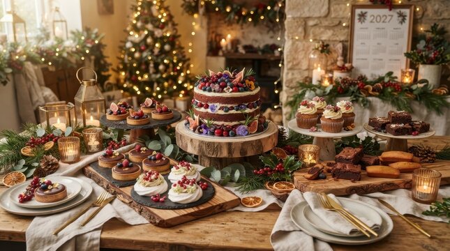Festive Christmas dessert table laden with cakes, tarts, and brownies