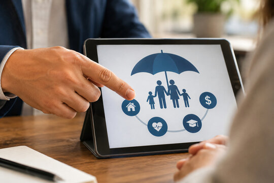 Family reviewing insurance and financial protection options on a digital tablet, illustrating life insurance, health coverage, financial planning, risk management and long term security