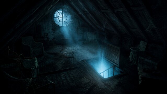 Old Attic Trapdoor Glowing With Blue Mist In A Dark Abandoned House