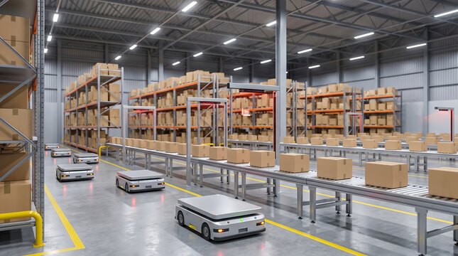Automated warehouse in India with autonomous robots, storage racks and modern logistics infrastructure