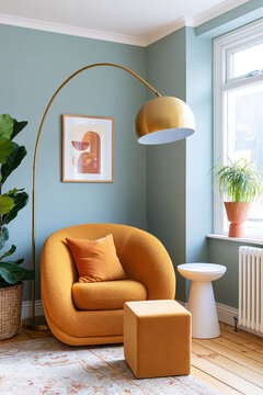 Modern home office corner featuring a cozy orange chair, stylish floor lamp, and decorative plant against a blue wall with artwork