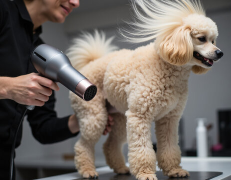 Professional Groomer Drying Cream Poodle Dog Fur with Blow Dryer in Pet Salon