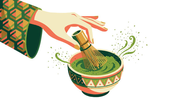 Hand Whisking Japanese Matcha Green Tea with Bamboo Chasen in Ceramic Bowl Vector Illustration