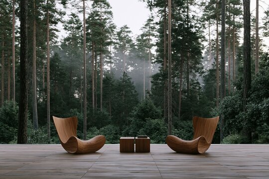 Teak lounge chairs on a forest terrace surrounded by tall pines and morning mist, showcasing natural tranquility and design elegance