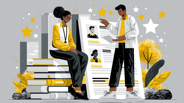 an illustration of a job interview with a hiring manager reviewing a resume and star ratings representing recruitment human resources and career opportunity concept
