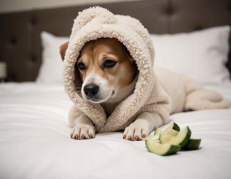 Cute Dog Wearing Soft Cream Hooded Bathrobe Lying on White Bed with Cucumber Slices