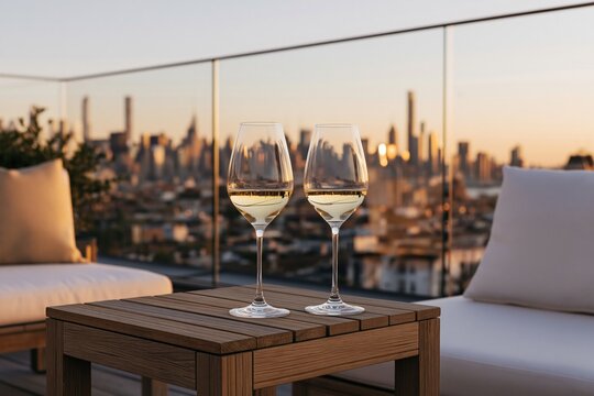 Two elegant wine glasses on a chunky teak table, urban rooftop setting with skyline view during golden hour, soft focus background