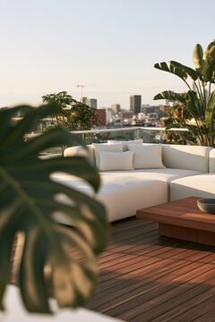 View through a blurred monstera leaf revealing a cream boucl sectional on an urban rooftop terrace with a city skyline in the background
