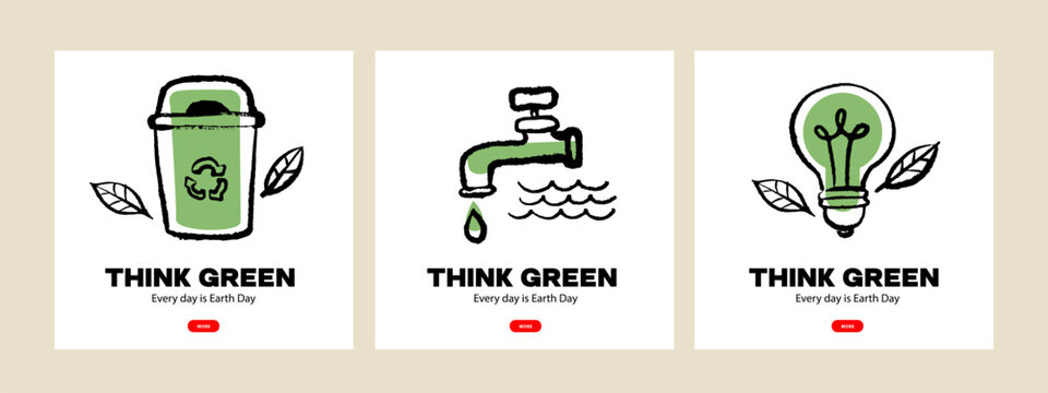 Eco set of crayon doodle sketch recycling cup, water saving faucet, green idea lightbulb, leafy accents. Earth Day posters. Hand drawn isolated vector illustration.
