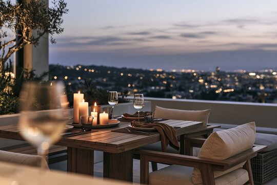 View through a softly blurred wine glass of a beautifully set teak table for two on an urban rooftop at dusk with city lights in the background