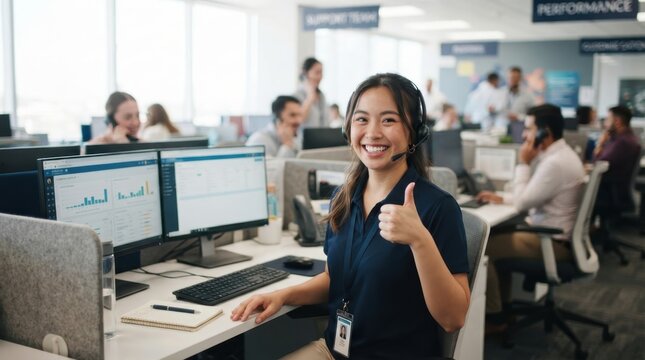 Smiling call center agent gives a thumbs up while working in a modern office environment