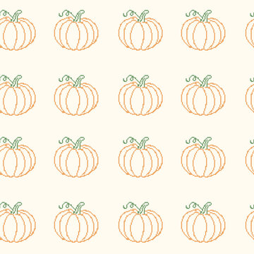 Autumn pumpkin cross stitch embroidery seamless pattern. Vintage pixelated needlework repeating background with handmade orange squash vector illustration.