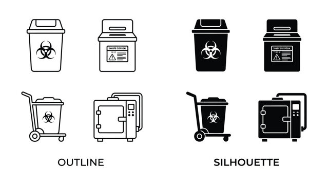 Biohazard Disposal Icons: A collection of outline and silhouette icons depicting biohazard waste bins, medical autoclaves, and trolleys, representing safe disposal of hazardous materials.